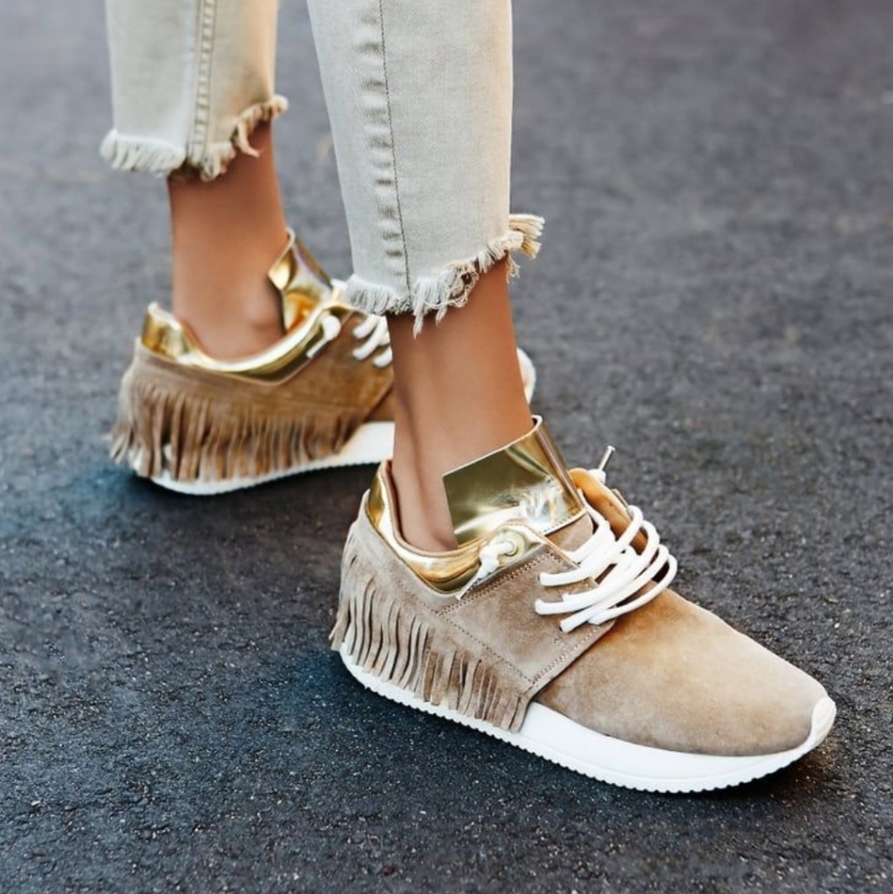 Fringe Suede Platform Sneakers with Metallic Gold Accent - Taupe